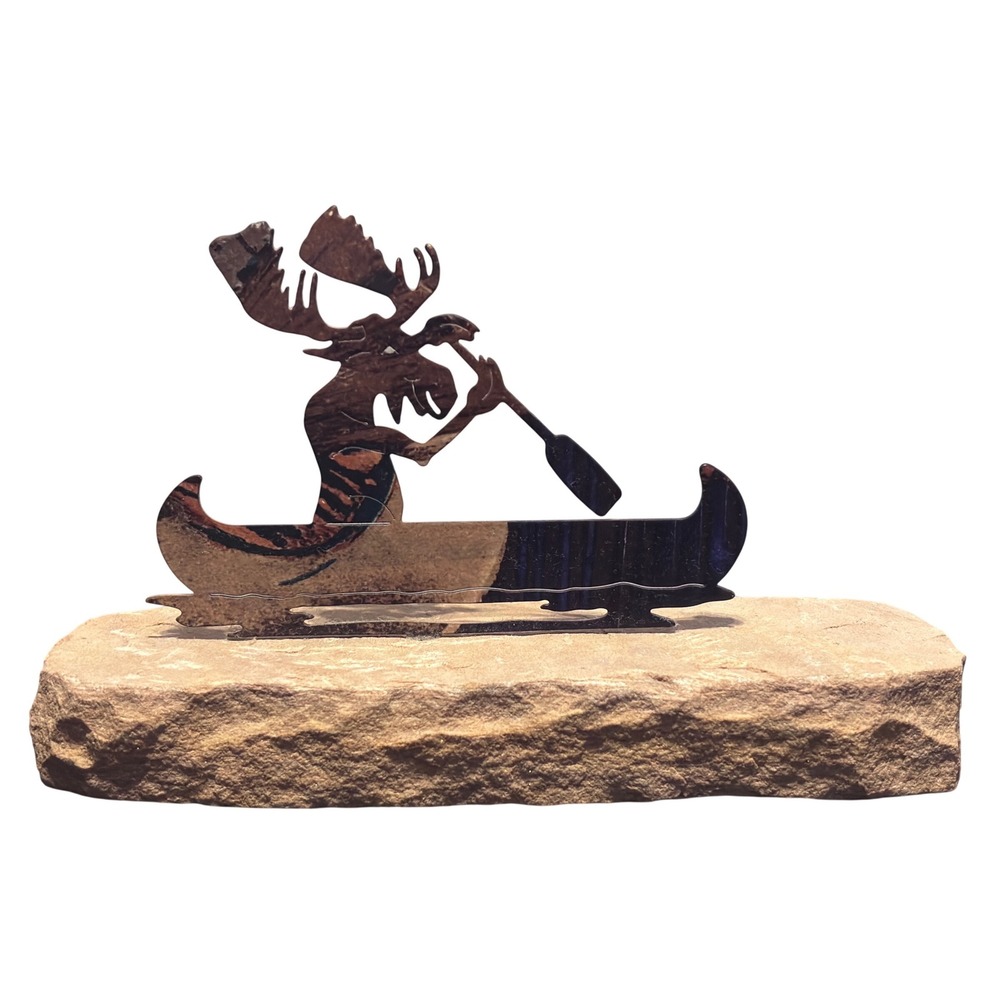 Laser Moose in‎ a Canoe Sculpture Unisex Multi Excellent Rustic Metal Stone Art